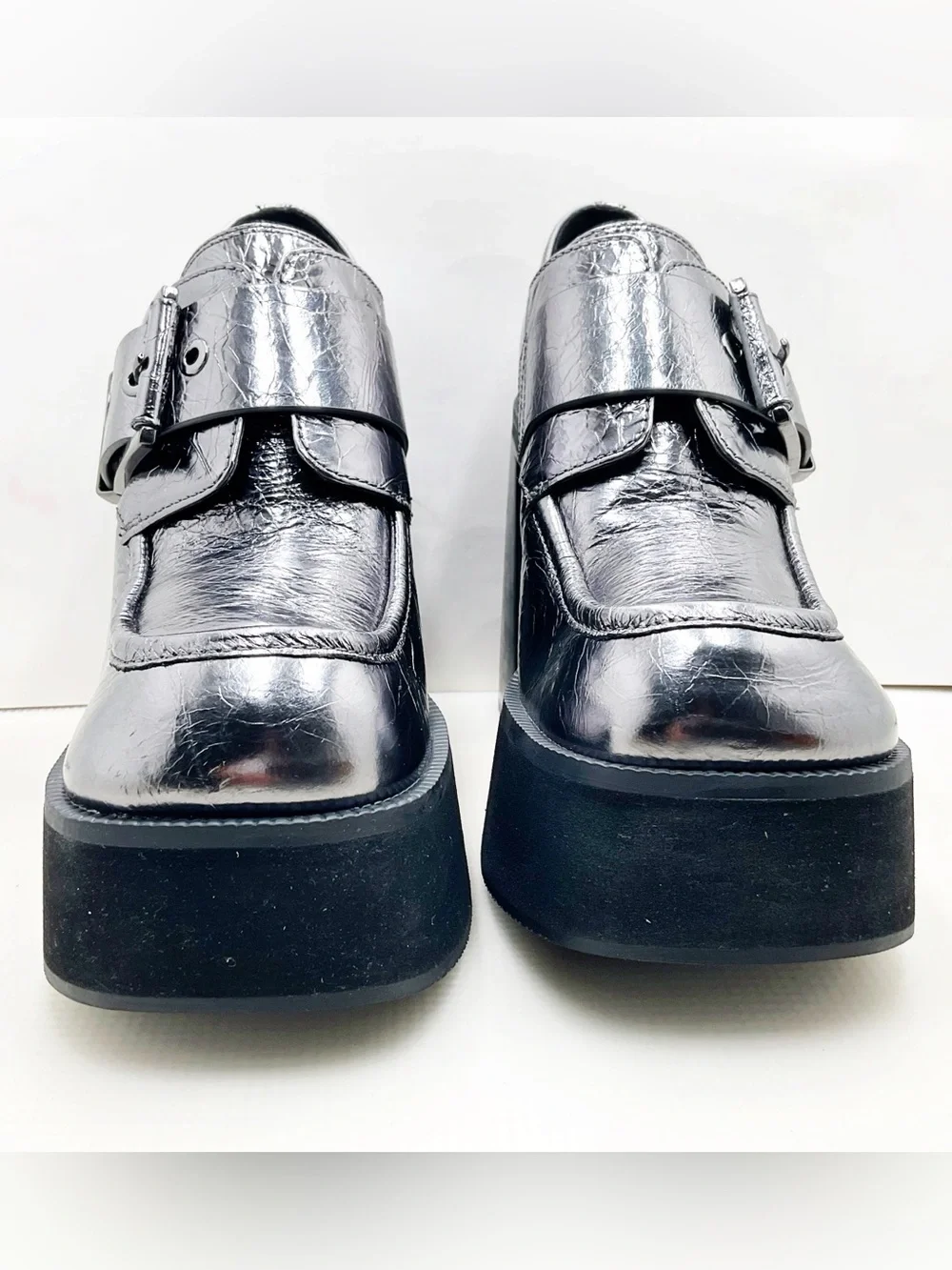 {MICHAEL Michael Kors} Colby Crackled Gunmetal Metallic Leather Platforms